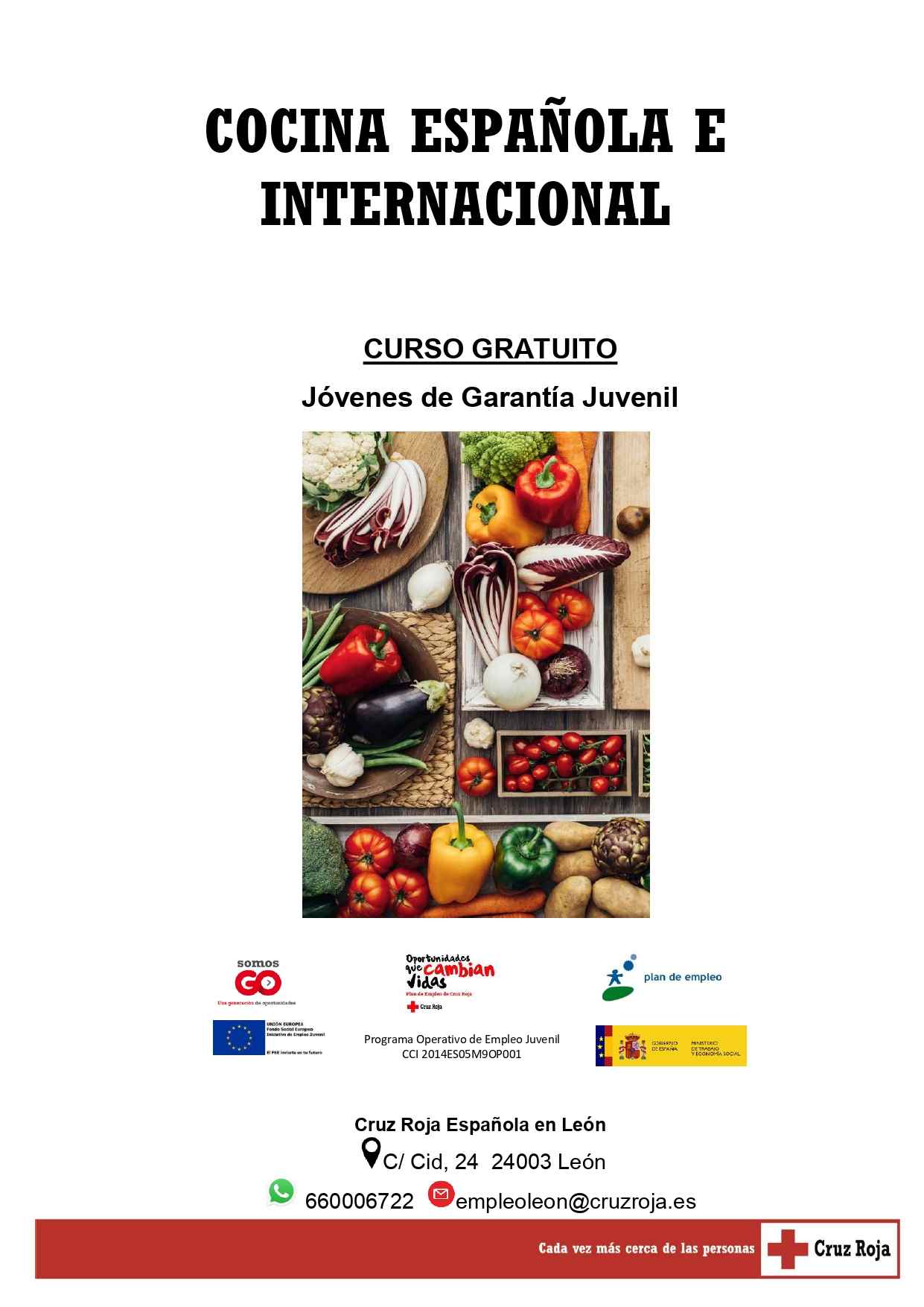 Curso gratuito de ＂Cocina Española e Internacional＂ para jóvenes en Garantía Juvenil de Cruz Roja Española.