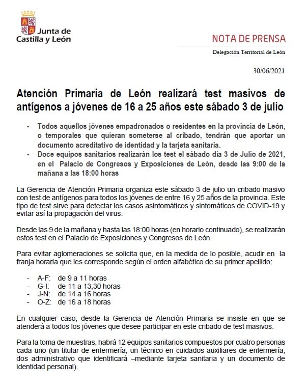 Atención Primaria de León realizará test masivos de antígenos a jóvenes de 16 a 25 años este sábado 3 de julio en el Palacio de Exposiciones de León de 9.00 a 18.00 horas.
