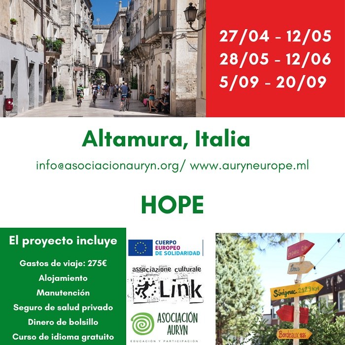 Última plaza para Voluntariado Europeo en Equipo en Altamura (Italia) de corta duración con AJ Auryn