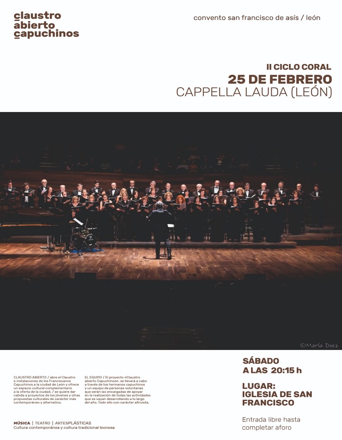 Concierto de Cappella Lauda en Claustro Abierto Capuchinos, sábado 25 febrero; 20,15 h
