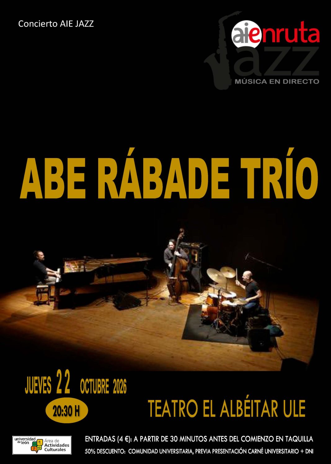 6ad1ebb53dfad054634719 Cartel de Abe Rábade Trío en El Albéitar el 22 de octubre de 2026 a las 20:30, con entrada de 4 €