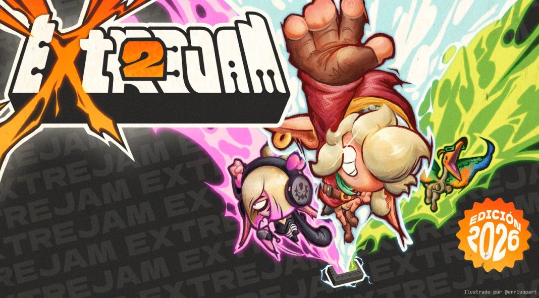 Ilustración promocional de Extrejam 2, edición 2026, con personajes de videojuegos y el nombre de la iniciativa